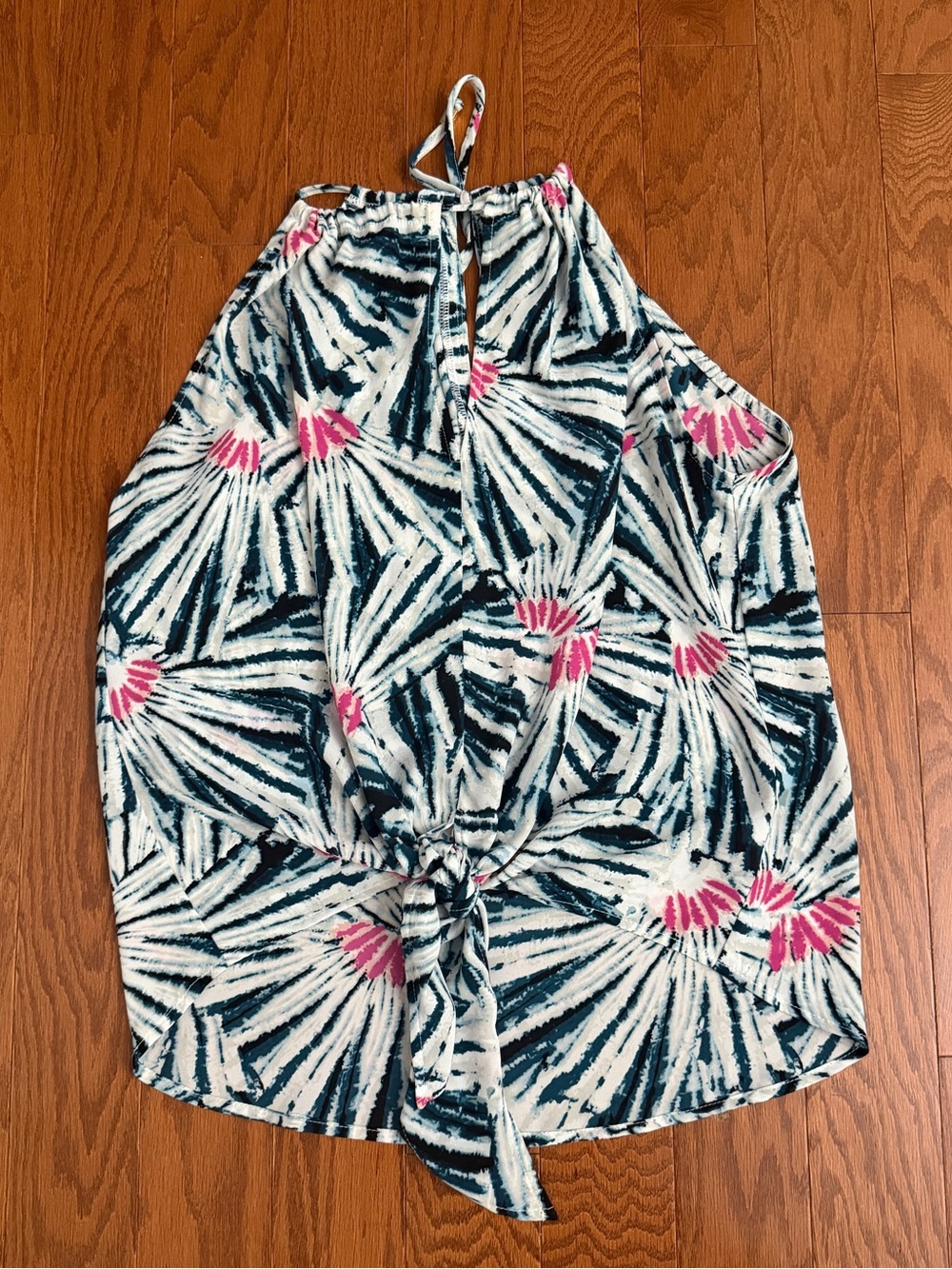 Veronica M Teal, White & Pink Abstract Top with Keyhole Cutout and Front Tie
